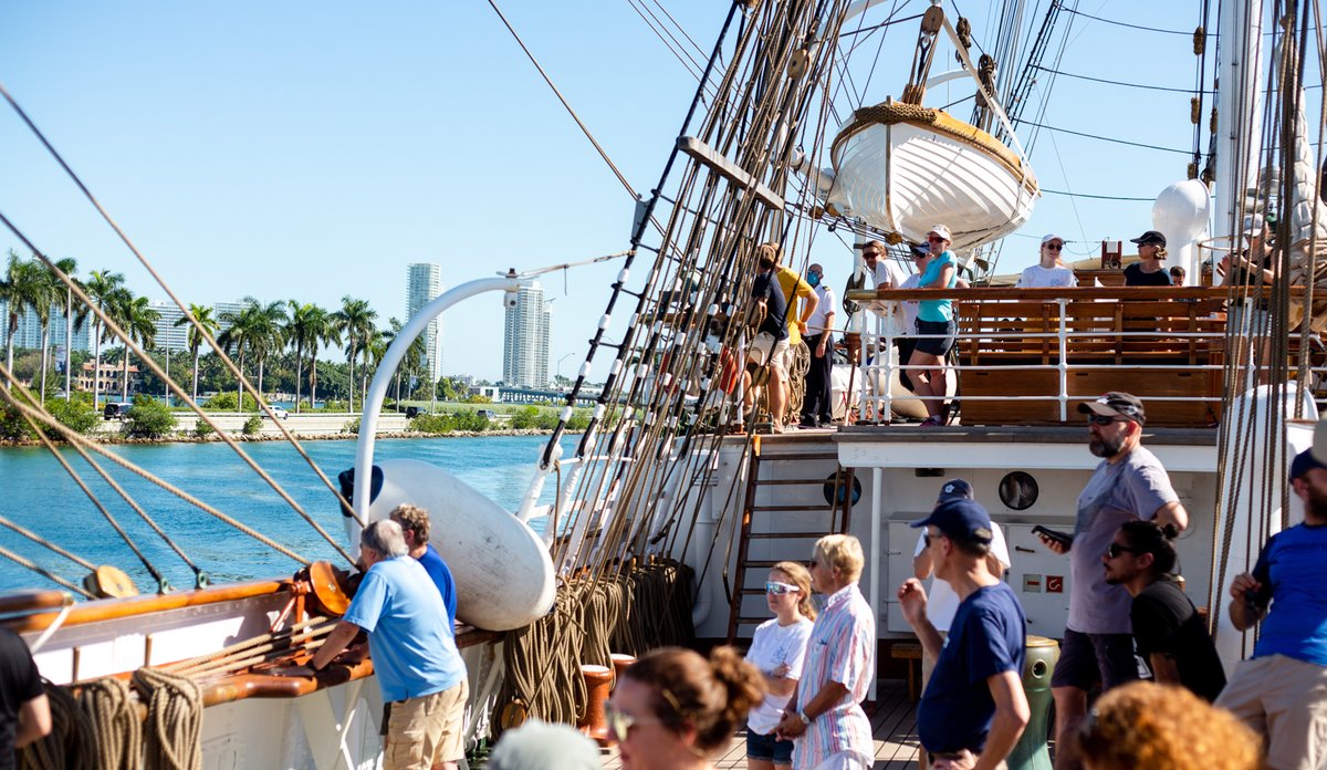 Innseiling til Miami med Statsraad Lehmkuhl, folk på dekk, palmer og skyskrapere i bakgrunnen.