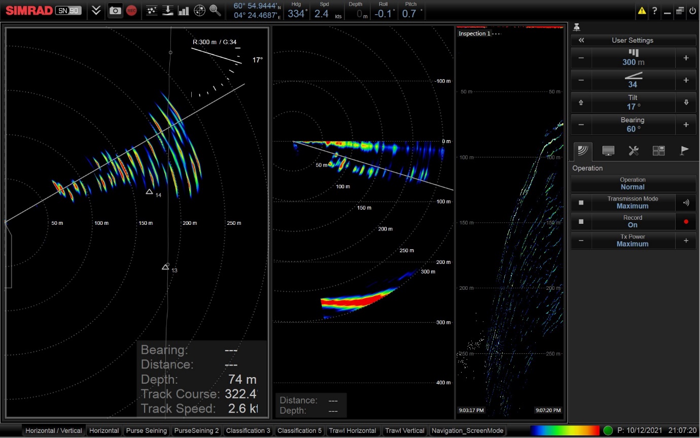 Figure 7. Example of screen image from the SN90. On the left fish are seen in a horizontal cross section, in the middle the same fish are seen in a vertical cross section and in the right inspection beam data is presented.